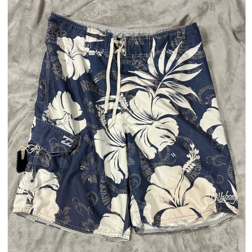 Billabong Mens Board Shorts Navy Blue Hibiscus Floral Print Size 32 Vintage Y2K